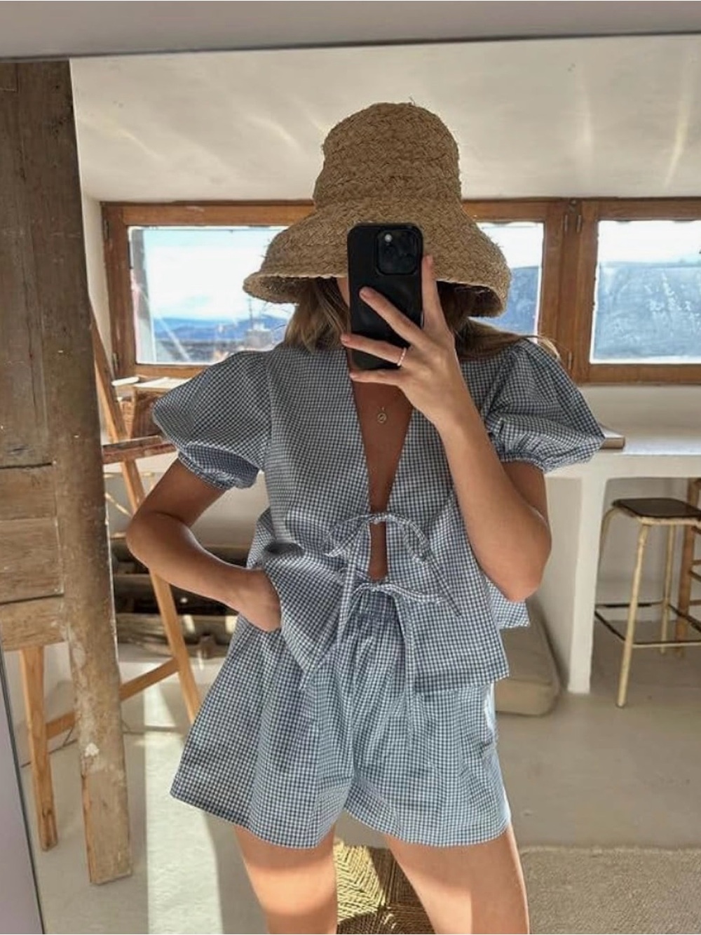 Gingham Tie-Front Two-Piece Set in Light Blue